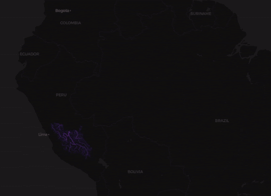 Visualización de la estructura del flujo del río Amazonas que muestra las rutas del agua desde el origen hasta el océano